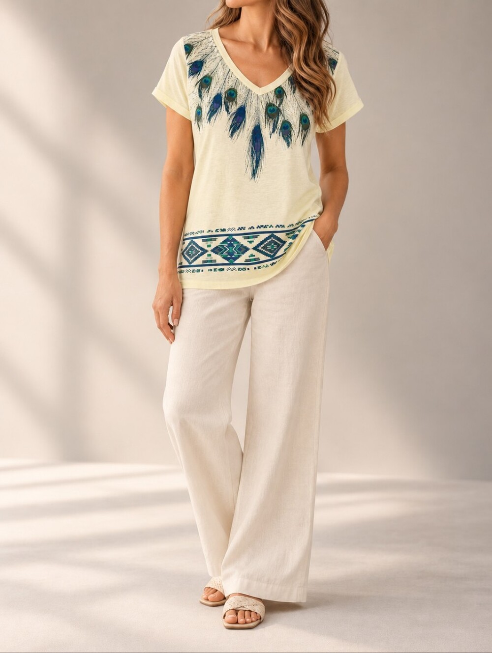 POL Peacock Feather Graphic V Neck Tee Geometric Border Yellow Large